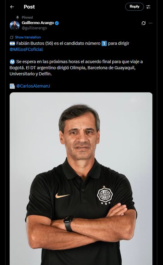 Uno de los periodistas que sigue la actualidad de Millonarios también confirmó el interés de Millonarios por Fabián Bustos - crédito @guilloarango / X