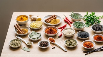 Plano cenital de una mesa de madera clara con una amplia variedad de especias, hierbas frescas y semillas en cuencos, incluyendo cúrcuma, jengibre, canela, chiles, sésamo, azafrán, laurel y pimienta negra.