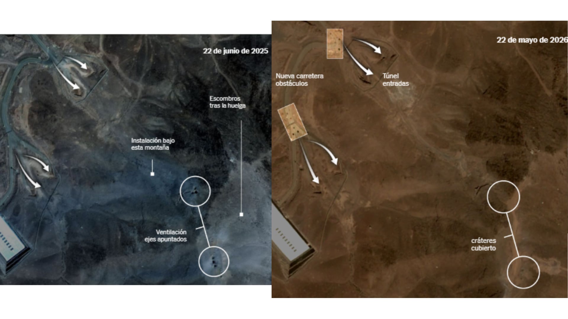 Fuentes: Instituto para la Ciencia y la Seguridad Internacional; Departamento de Defensa de EE. UU.; análisis del Times de imágenes satelitales de Vantor (2025) y Airbus (2026). The New York Times