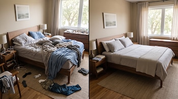 Vista dividida de un dormitorio: a la izquierda, ropa tirada y cama destendida; a la derecha, la cama hecha y las superficies ordenadas.