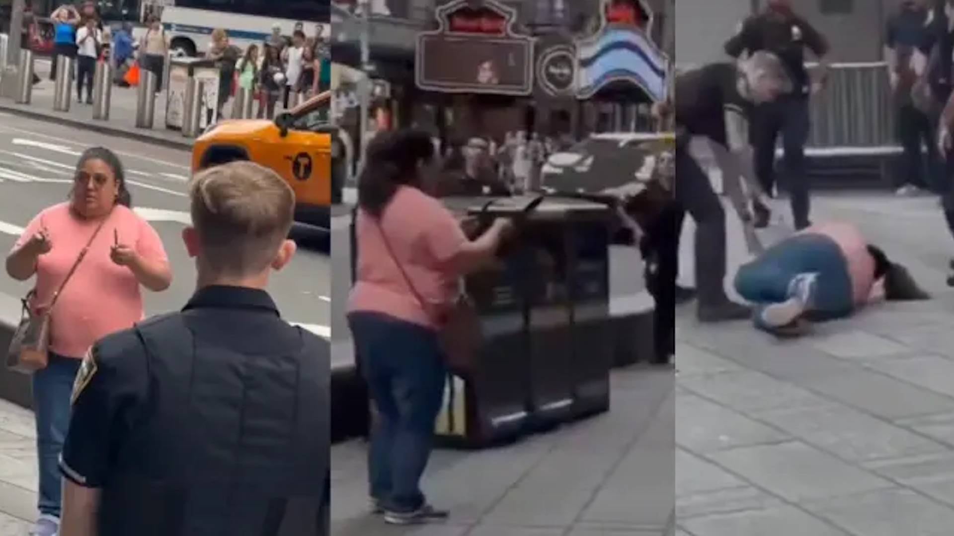 El ataque frente a una subestación del NYPD en Times Square duró 20 segundos, dejó muerta a Erin Piacenti e hirió a Tak Kam. (@Anxiousvids)