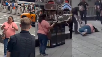 Tres fotogramas de una mujer en camiseta rosa frente a un policía, manipulando un bote de basura y tendida en el suelo