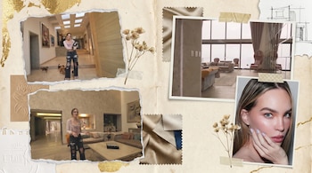 Collage de estilo scrapbook con varias fotos de Belinda dentro de su mansión lujosa, un retrato de ella, y elementos decorativos como flores secas y telas.
