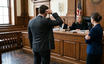 Una jueza sentada detrás de un estrado de madera oscuro en un tribunal, con dos abogados de pie frente a ella. Al fondo, una bandera de EE. UU