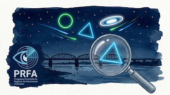 Ilustración acuarela de objetos anómalos geométricos en un cielo estrellado sobre el puente Victoria y el río Paraná, con una lupa enfocando un objeto y el logo PRFA.