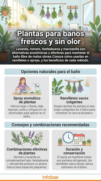 Infografía con ilustraciones de plantas aromáticas, frascos con atomizador, ramilletes colgados y textos instructivos sobre el baño.