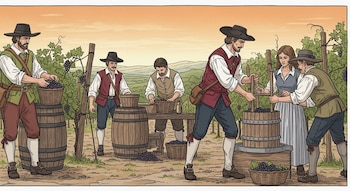Cuatro hombres y una mujer con ropa colonial recolectan uvas de un viñedo y las prensan en barriles de madera. Hay cestas con uvas y un paisaje montañoso.