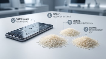 Celular con pantalla agrietada y gotas de agua, junto a montones de arroz basmati, jazmín e instantáneo, con texto indicando su tasa de absorción de humedad.
