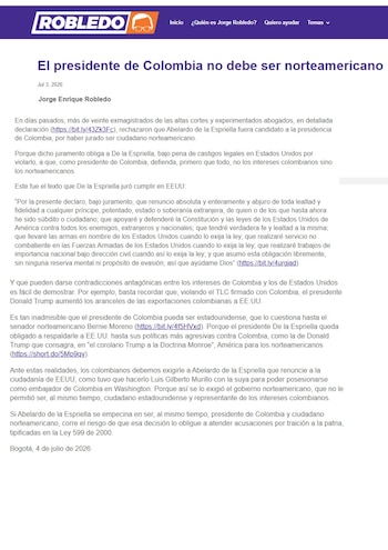 Columna de Opinión Jorge Enrique Robledo sobre doble nacionalidad de Abelardo de la Espriella - crédito jorgerobledo.com