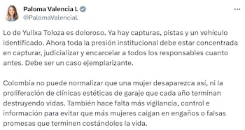 Paloma Valencia exige que las autoridades capturen y judicialicen a los responsables, y llama a fortalecer el control sobre clínicas estéticas ilegales. - crédito @PalomaValenciaL/X