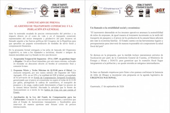 Dos páginas de un comunicado de prensa impreso con logotipos de gremiales de transporte y texto en color negro y rojo.