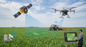 Un microsatélite, un dron, un tractor, una estación receptora terrestre y un agricultor con una laptop y una tableta en un campo verde.