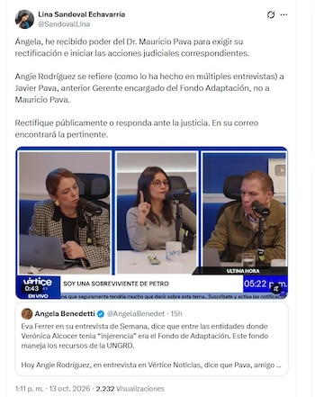 Lina Sandoval, abogada de Mauricio Pava, advierte acciones legales contra Ángela Benedetti por publicaciones erradas contra el jurista - crédito @SandovalLina/X