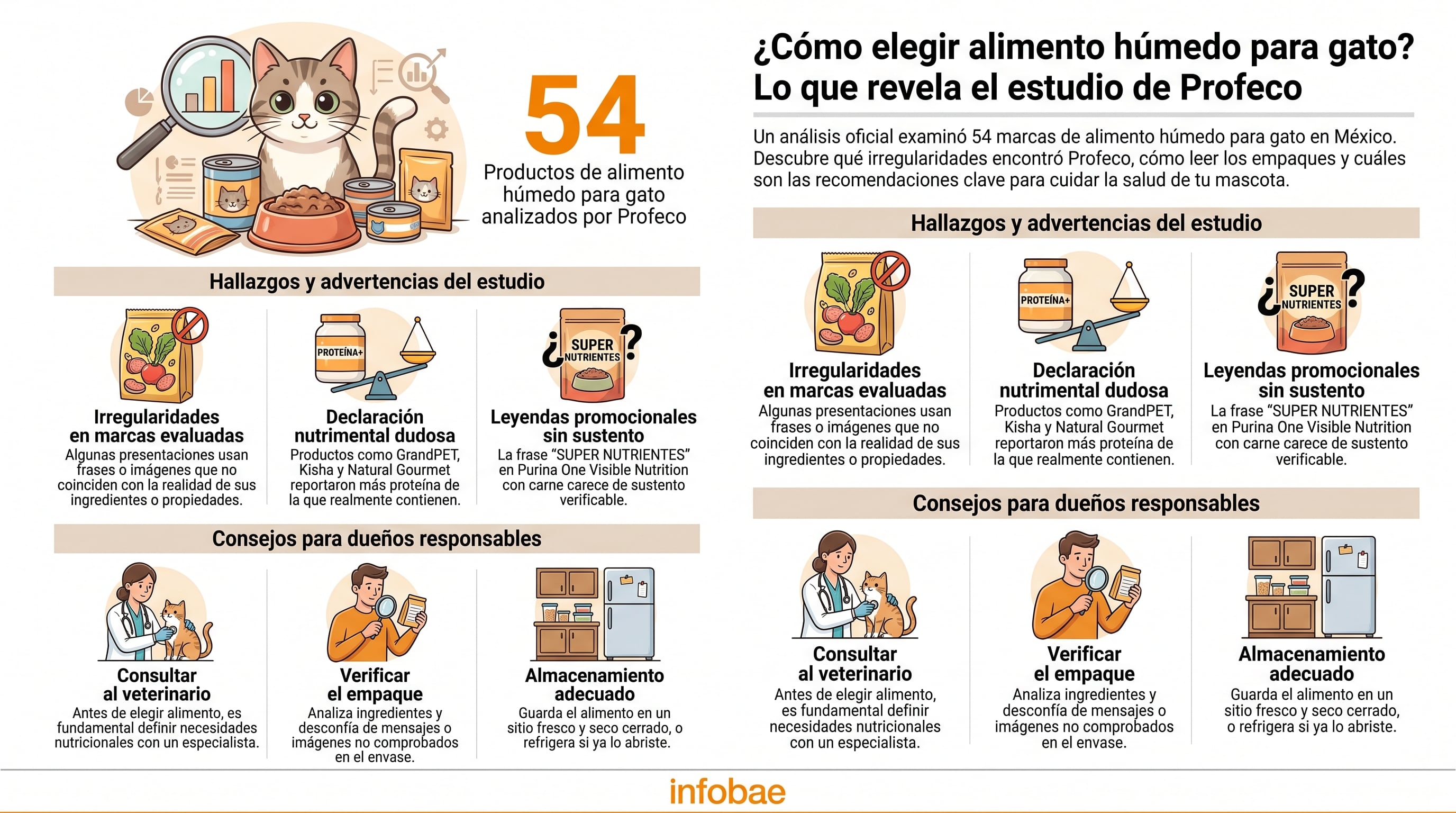 La Profeco presenta los resultados de un estudio que analiza 54 productos de alimento húmedo para gato en México, mostrando hallazgos sobre irregularidades y consejos de compra. (Imagen Ilustrativa Infobae)