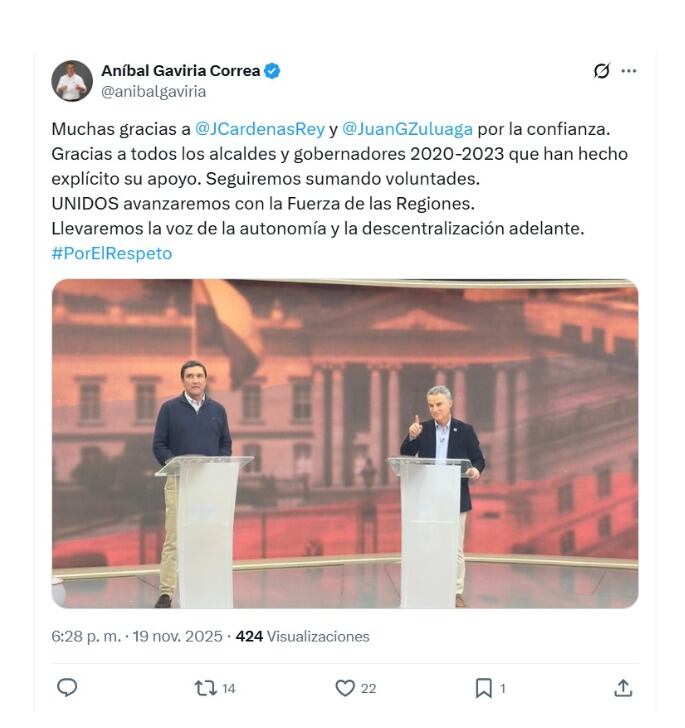 Con este mensaje, el exgobernador de Antioquia Aníbal Gaviria agradeció el apoyo del exalcalde de Bucaramanga Juan Carlos Cárdenas, que renunció a su aspiración presidencial - crédito @anibalgaviria/X
