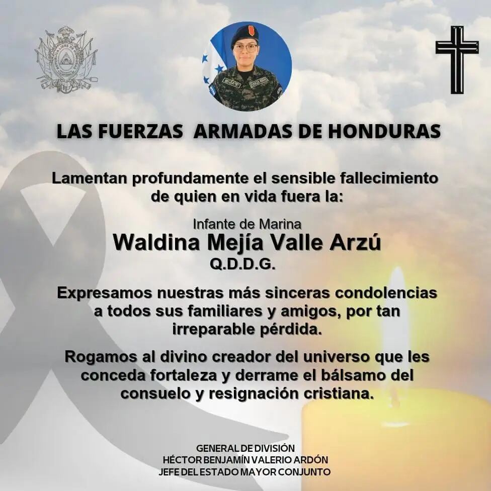 Las Fuerzas Armadas lamentaron públicamente el fallecimiento de la joven infante de marina. (FOTO: FFAA de Honduras)