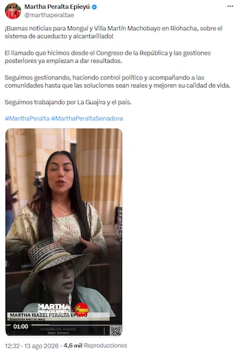 Senadora Martha Peralta exige respuestas sobre obras inconclusas de agua en Monguí y Macho Bayo - crédito @marthaperaltae/X
