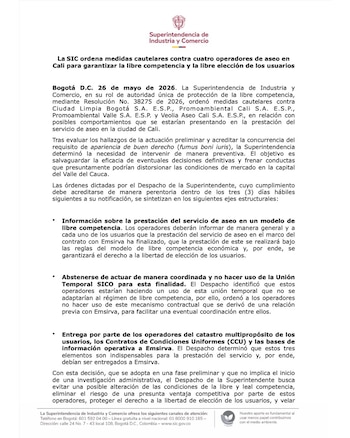 La SIC detectó riesgos para la libre competencia en el mercado de recolección de residuos de Cali y aceleró acciones regulatorias - crédito SIC