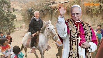 Imagen compuesta: el Papa Leo XIV con vestimentas papales saluda, mientras un Robert Prevost y a caballo es rodeado por niños en un camino rural