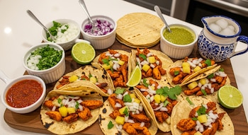 Múltiples tacos de pollo al pastor en tortillas con piña, cebolla y cilantro sobre una tabla de madera, junto a salsas, cilantro, cebolla picada, limas y un jarro de agua.