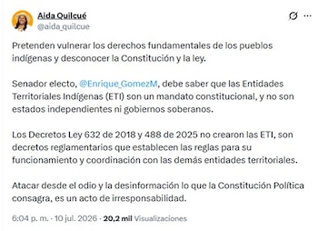 Quilcué compartió su réplica a Gómez vía X el viernes 10 de julio - crédito @aida_quilcue/X