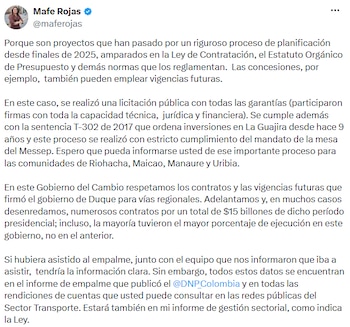 María Fernanda Rojas afirmó que los contratos fueron planeados desde finales de 2025, se adjudicaron mediante licitación pública y cumplen la sentencia T-302 de 2017, que ordena inversiones para La Guajira. - crédito @maferojas/X