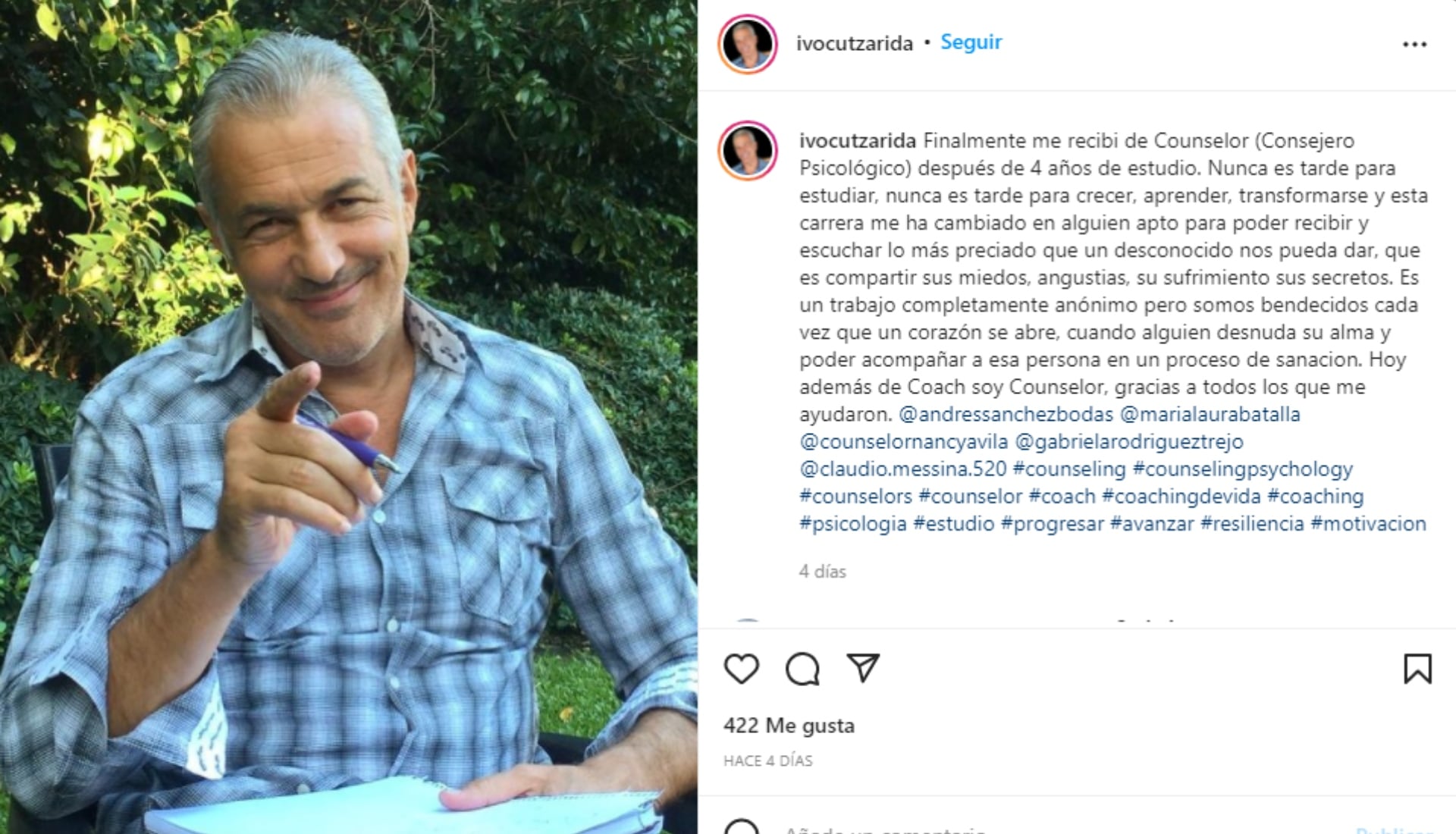 El posteo de Ivo Cutzarida anunciando que se recibió de Counselor, en 2021