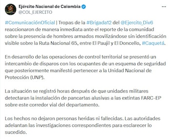 Ejército aclaró situación en Caquetá luego de que se presentará un intercambio de disparos entre uniformados y integrantes de la UNP - crédito @COL_EJERCITO/X