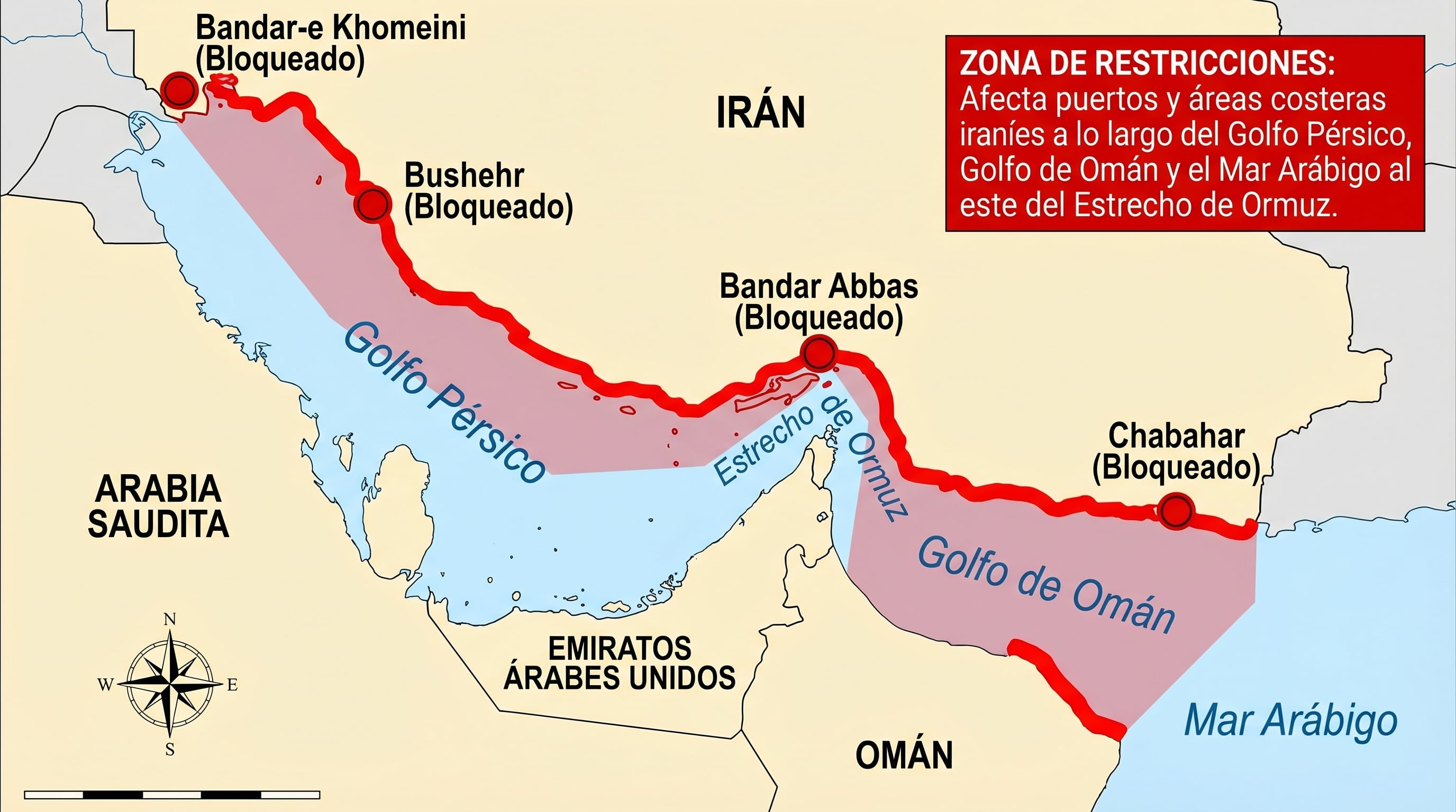 Este mapa ilustra las zonas costeras y puertos iraníes afectados por restricciones marítimas a lo largo del Golfo Pérsico, Estrecho de Ormuz, Golfo de Omán y Mar Arábigo (Imagen Ilustrativa Infobae)