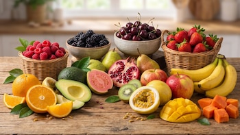Frutas enteras y en rodajas, entre ellas naranjas, fresas, aguacates y plátanos, colocadas sobre una mesa y en recipientes