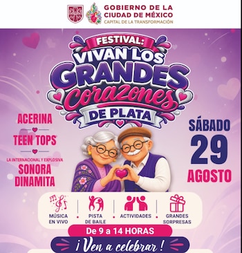 El Festival Vivan los Grandes Corazones de Plata en la Ciudad de México promete una jornada gratuita llena de música, baile y actividades para los adultos mayores. (X/ @SEBIEN_cdmx)