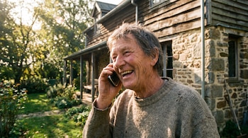 Primer plano de un hombre con cabello gris y suéter de punto, sonriendo mientras sostiene un teléfono en su oído. Detrás, una casa de campo de piedra y madera.