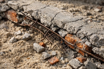 Suelo arenoso, cimiento de concreto fracturado, ladrillos rotos y malla metálica de refuerzo oxidada entre la arena.