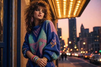 Mujer con peinado voluminoso, suéter azul de punto con figuras geométricas y pulseras coloridas junto a la marquesina de un teatro.