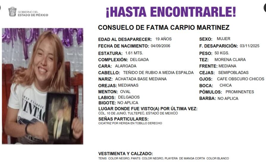 Fátima, de 19 años, desapareció tras subir a una combi en Tultitlán; lleva 5 días sin ser localizada
