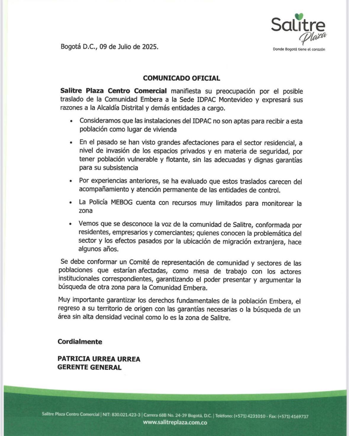 Salitre Plaza se pronunció por polémica de traslado de indígenas- crédito Redes sociales