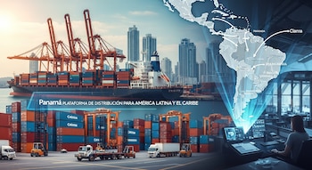 Un barco portacontenedores, grúas gigantes y rascacielos en un puerto. En primer plano, contenedores apilados, camiones de carga y montacargas. Un mapa de América con rutas logísticas y una persona trabajando frente a pantallas.