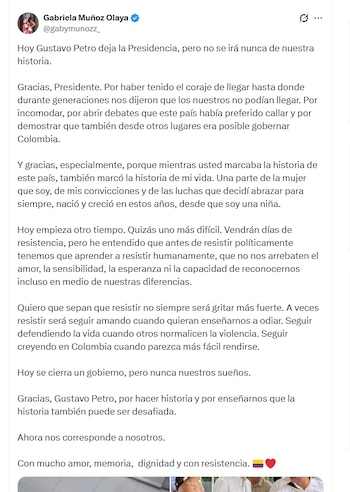 Muñoz compartió el mensaje en la antesala de la ceremonia de posesión presidencial de Abelardo de la Espriella - crédito @gabymunozz_/X