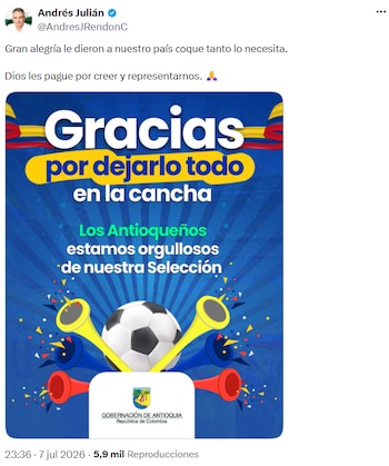 Andrés Julián Rendón agradeció a la Selección Colombia por brindar esperanza al país - crédito @AndresJRendonC/X