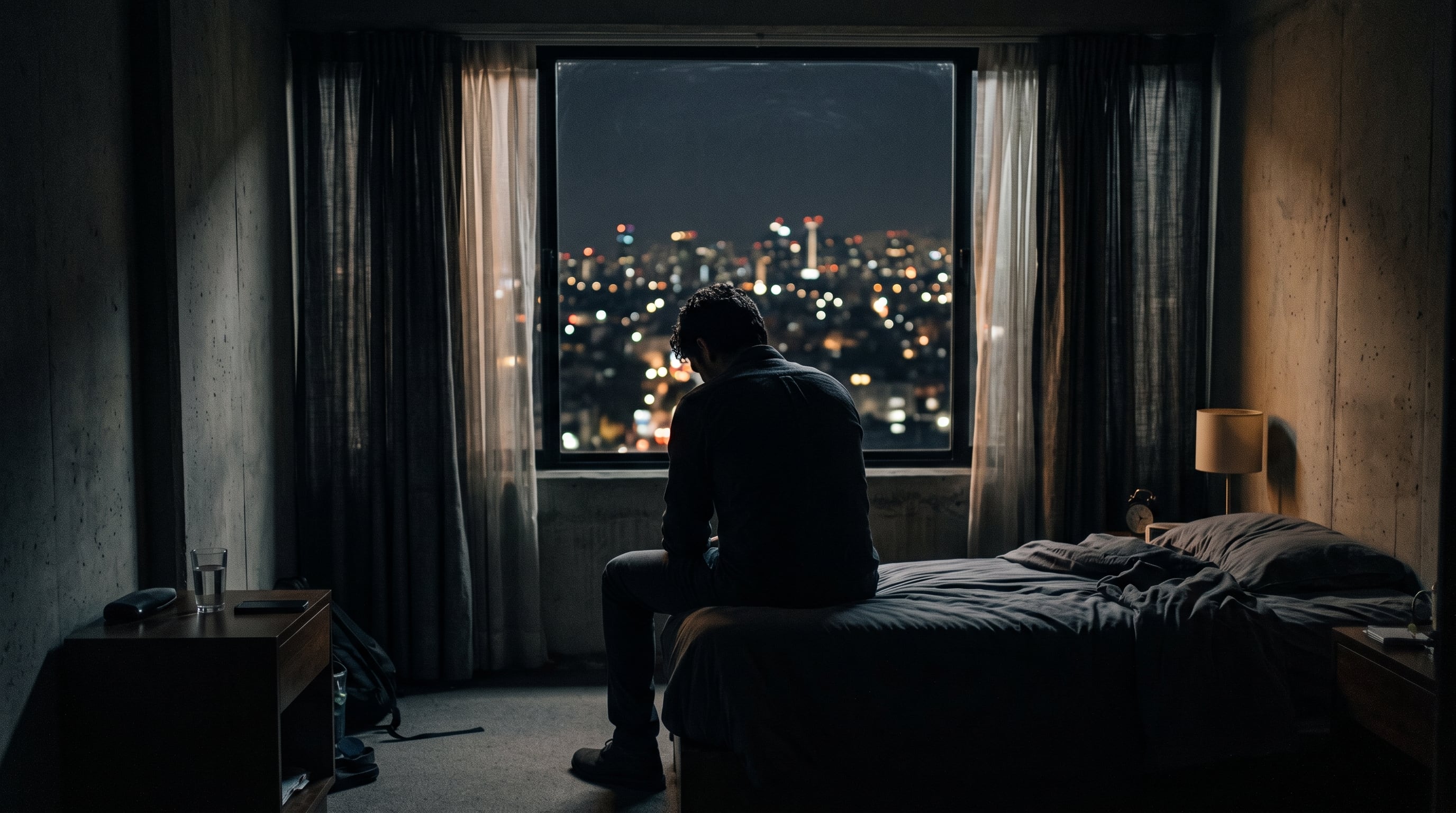 Un hombre permanece sentado en el borde de una cama frente a una ventana que da a la vista nocturna de la Ciudad de México. (Imagen Ilustrativa Infobae)