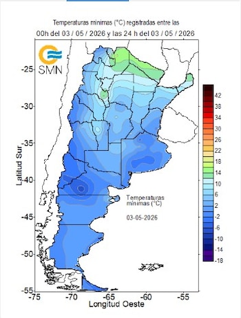 Mapa de Argentina mostrando las temperaturas mínimas registradas el 3 de mayo de 2026, con una escala de color que va de rojo (altas) a violeta (bajas)