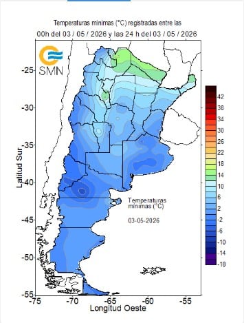 El Servicio Meteorológico Nacional (SMN) publicó un mapa con el registro de las mínimas en todo el país