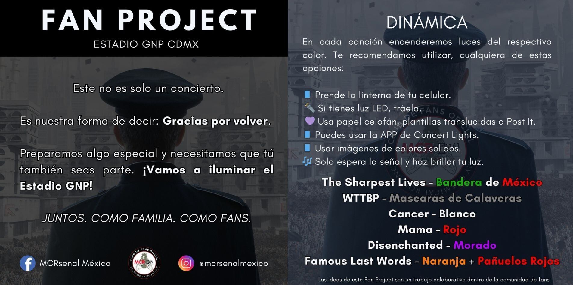 Los fans iluminarán el estadio con colores específicos dependiendo las canciones elegidas. (Facebook MCRsenal México)