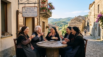 Cinco mujeres ancianas vestidas con pañuelos oscuros beben café en una mesa redonda de madera en una calle empedrada.