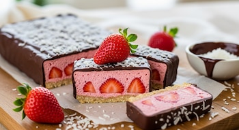 Primer plano de un postre Bounty casero de fresa en una tabla de madera, mostrando rebanadas con capas de chocolate, crema rosa y trozos de fresa.