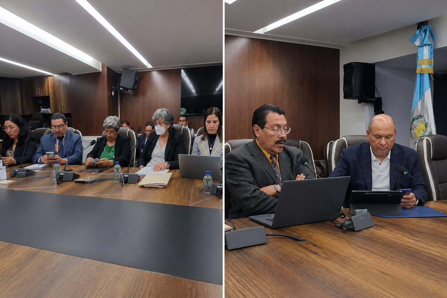 Diversos funcionarios asisten a una reunión de trabajo alrededor de una mesa de conferencias junto a la bandera de Guatemala. (Imagen Ilustrativa Infobae)