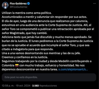 Publicación del alcalde Fico Gutiérrez