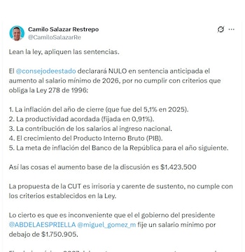 Camilo Salazar Restrepo, excandidato al Concejo de Medellín, tildó la propuesta de la CUT como "irrisoria" - crédito @CamiloSalazarRe/X