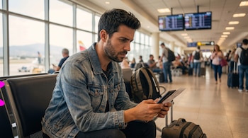 Hombre con chaqueta de mezclilla sentado en un aeropuerto que sostiene un teléfono móvil y una tarjeta de embarque.