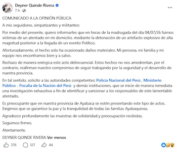 Candidato a Alcalde de Ayabaca denuncia detonación de explosivo frente a su vivienda. (Foto: FB/@deyner.quinderivera)